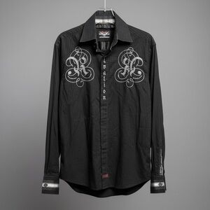 Rock & Roll Religion Fender Black Men's Shirt with Silver Embroidery
